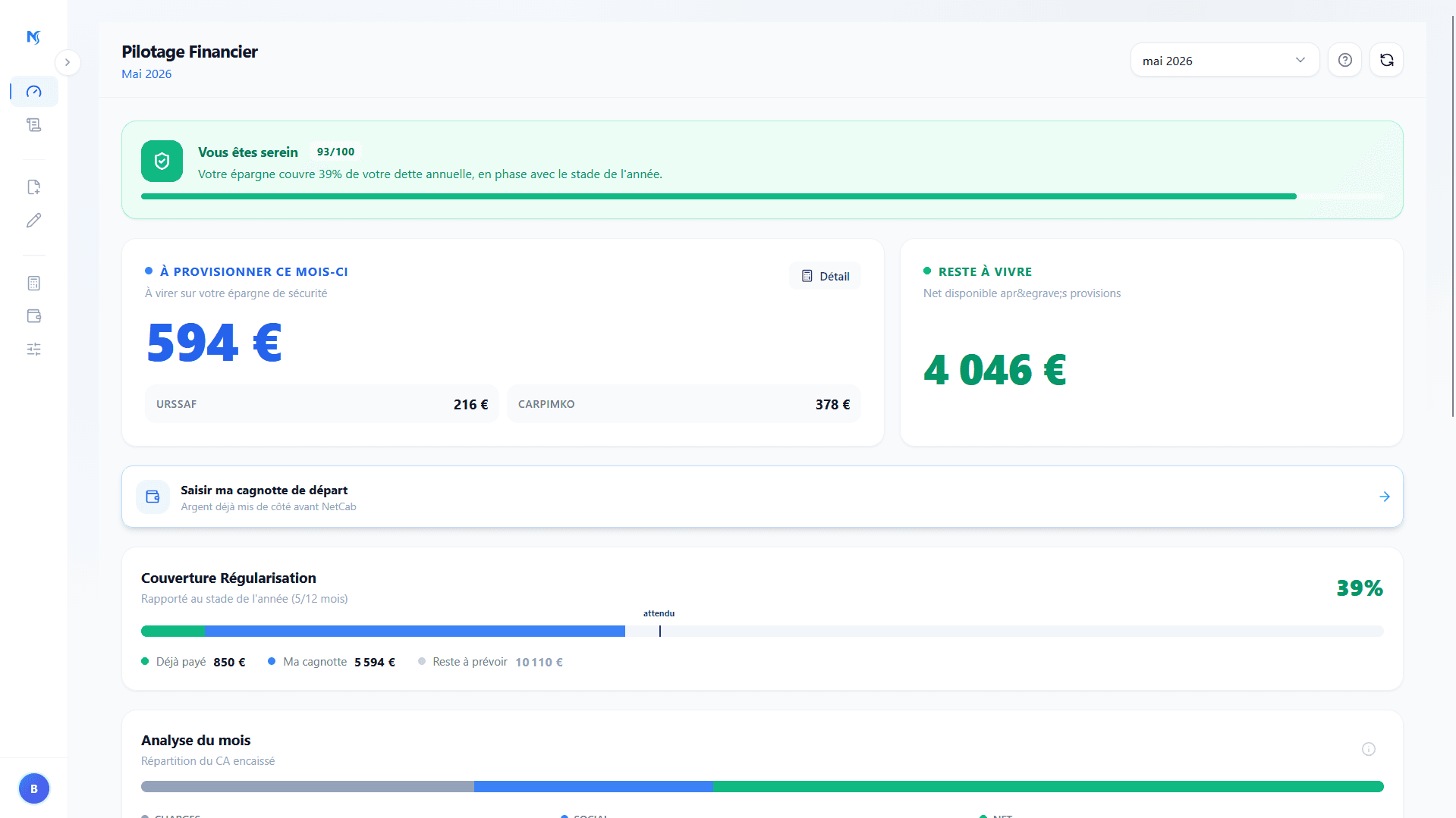 Tableau de bord NetCab — provisions URSSAF, CARPIMKO et reste à vivre